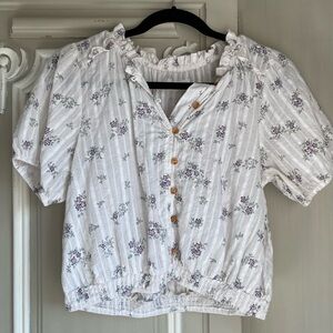 SweetHoney White Floral Blouse with Purple Accents